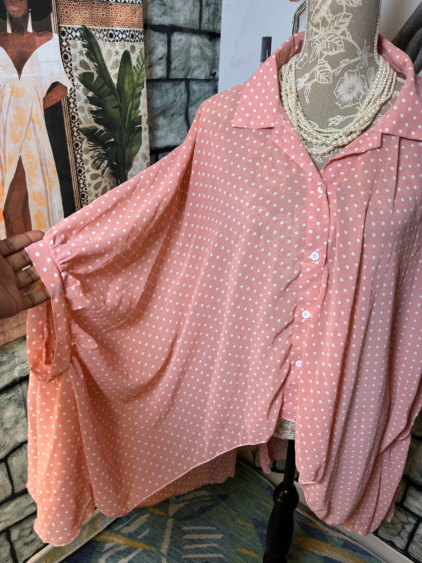 Shein Pink White Polka Dot Blouse Women sz 0XL