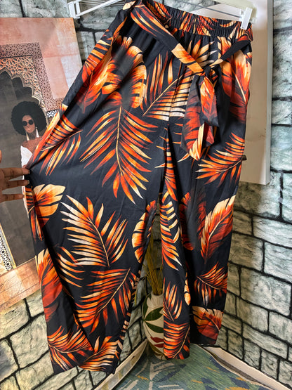 Shein Black Orange Print Pants Women sz Large