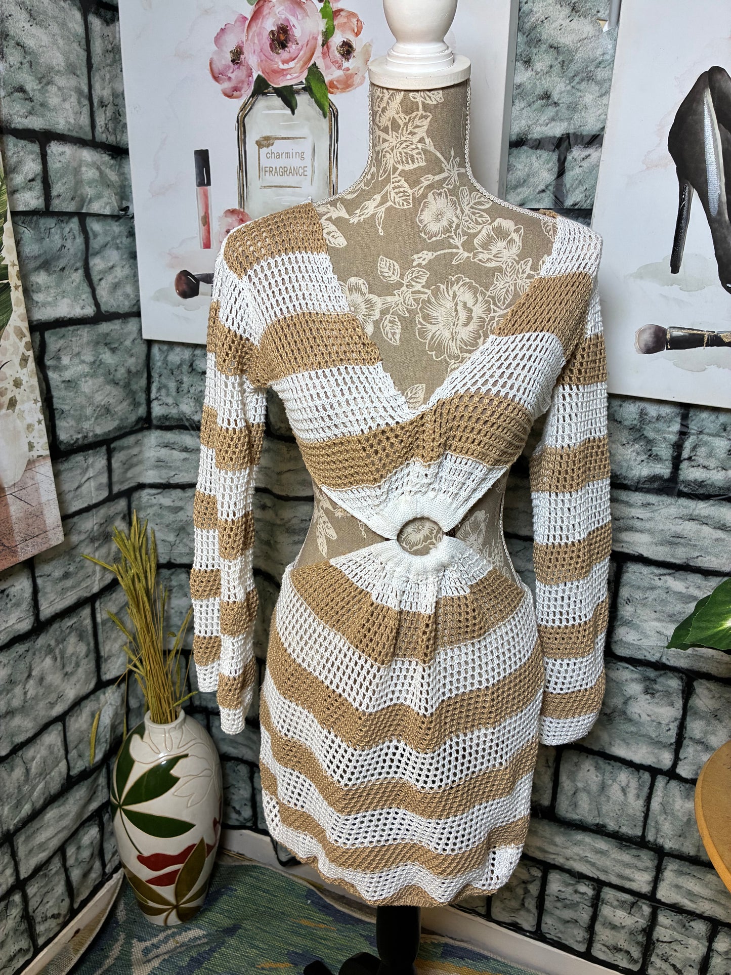 Brown White Knitted Dress Women sz Small