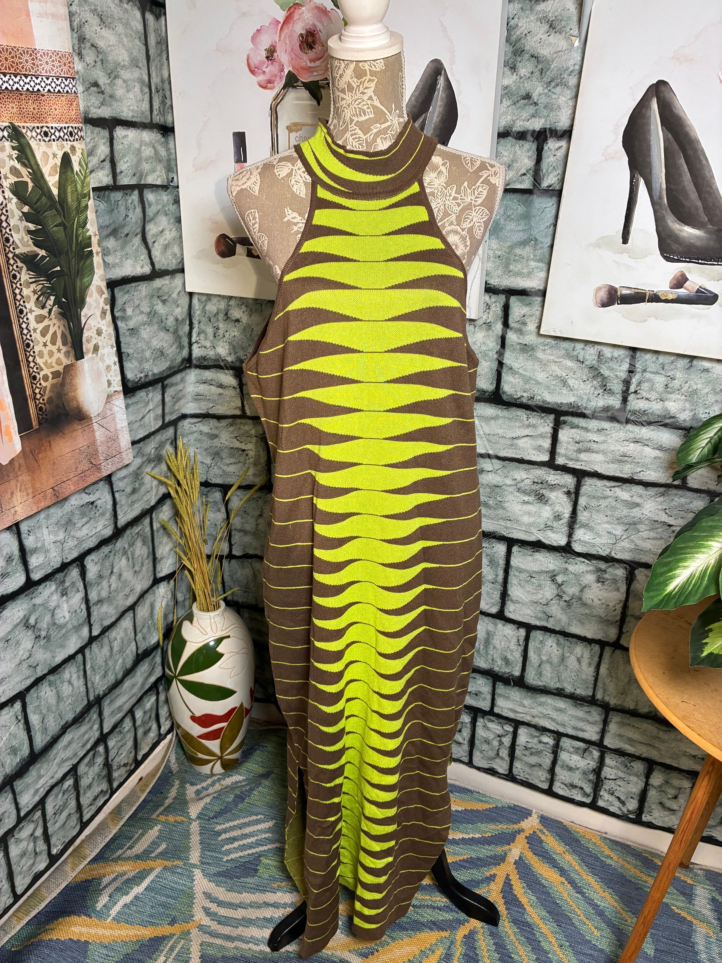 Runway Brown Green Sweater Dress Women sz 3XL