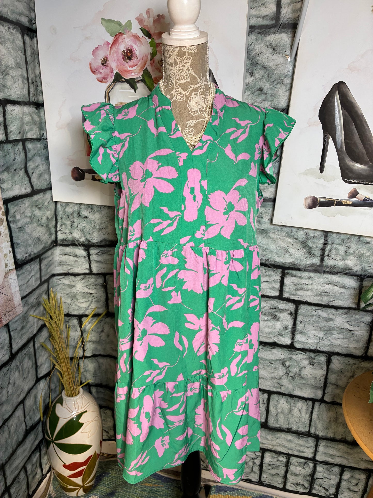 Shein Green Pink Floral Dress Women sz Large