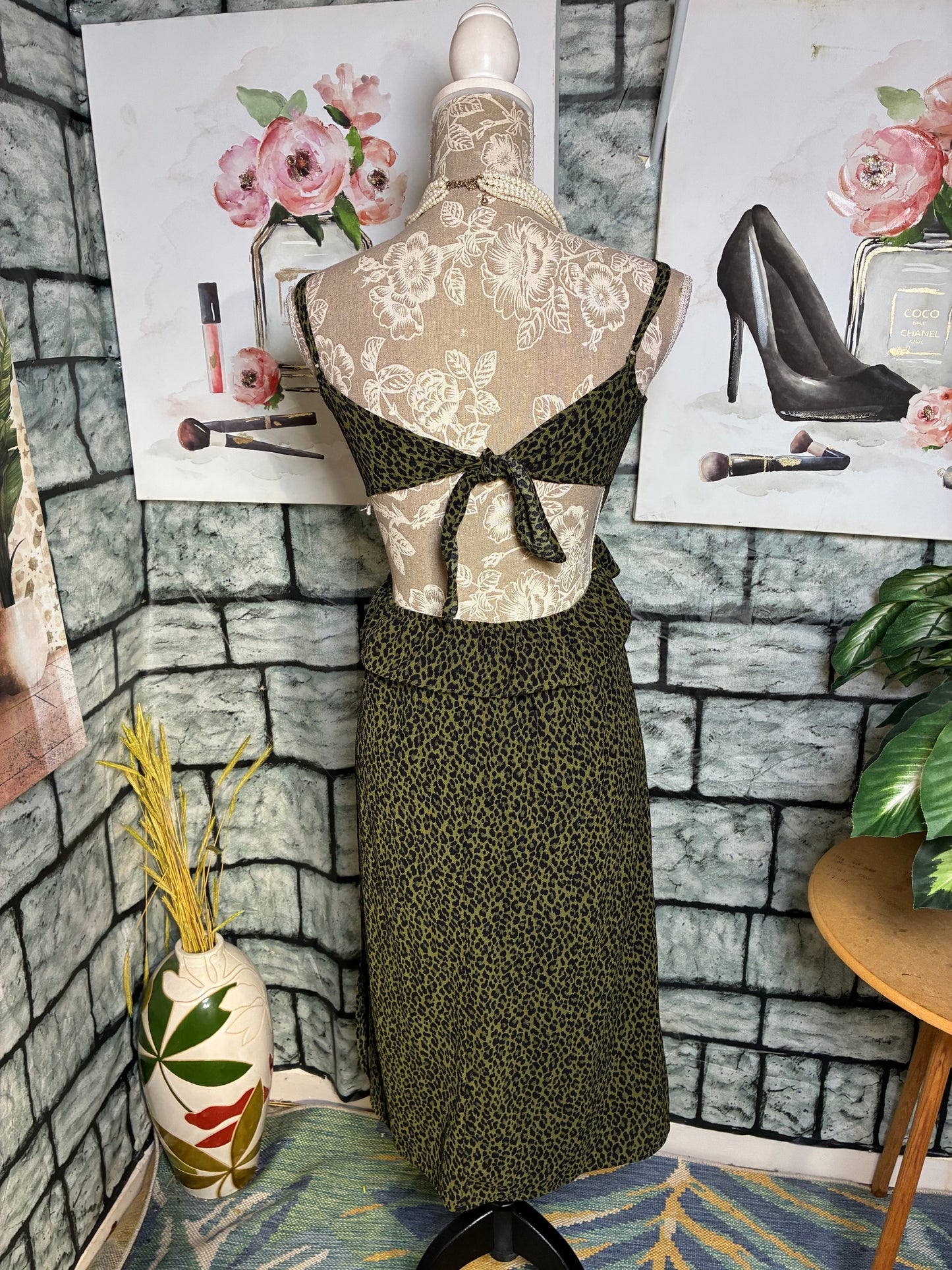Jun & Ivy Green Black Print Dress Women sz XXS