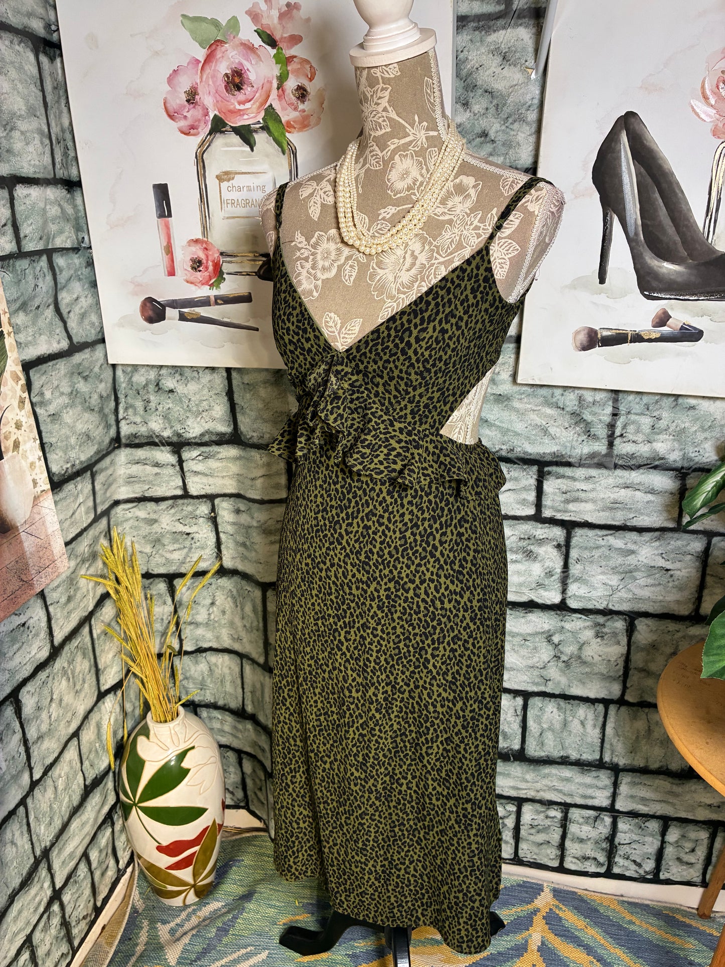 Jun & Ivy Green Black Print Dress Women sz XXS