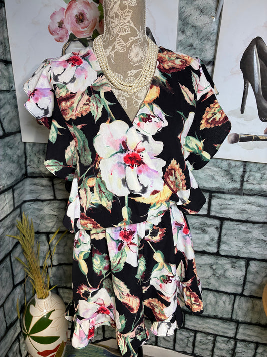 Umgee Black Floral Romper Women sz Large
