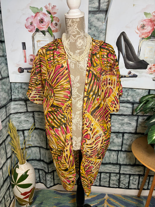 Truth Yellow Pink Print Duster Women sz One Size (best fits up to Large)