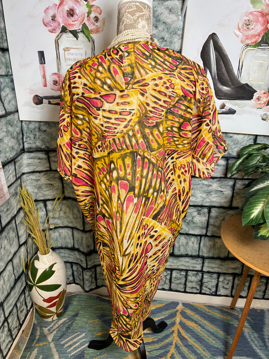 Truth Yellow Pink Print Duster Women sz One Size (best fits up to Large)