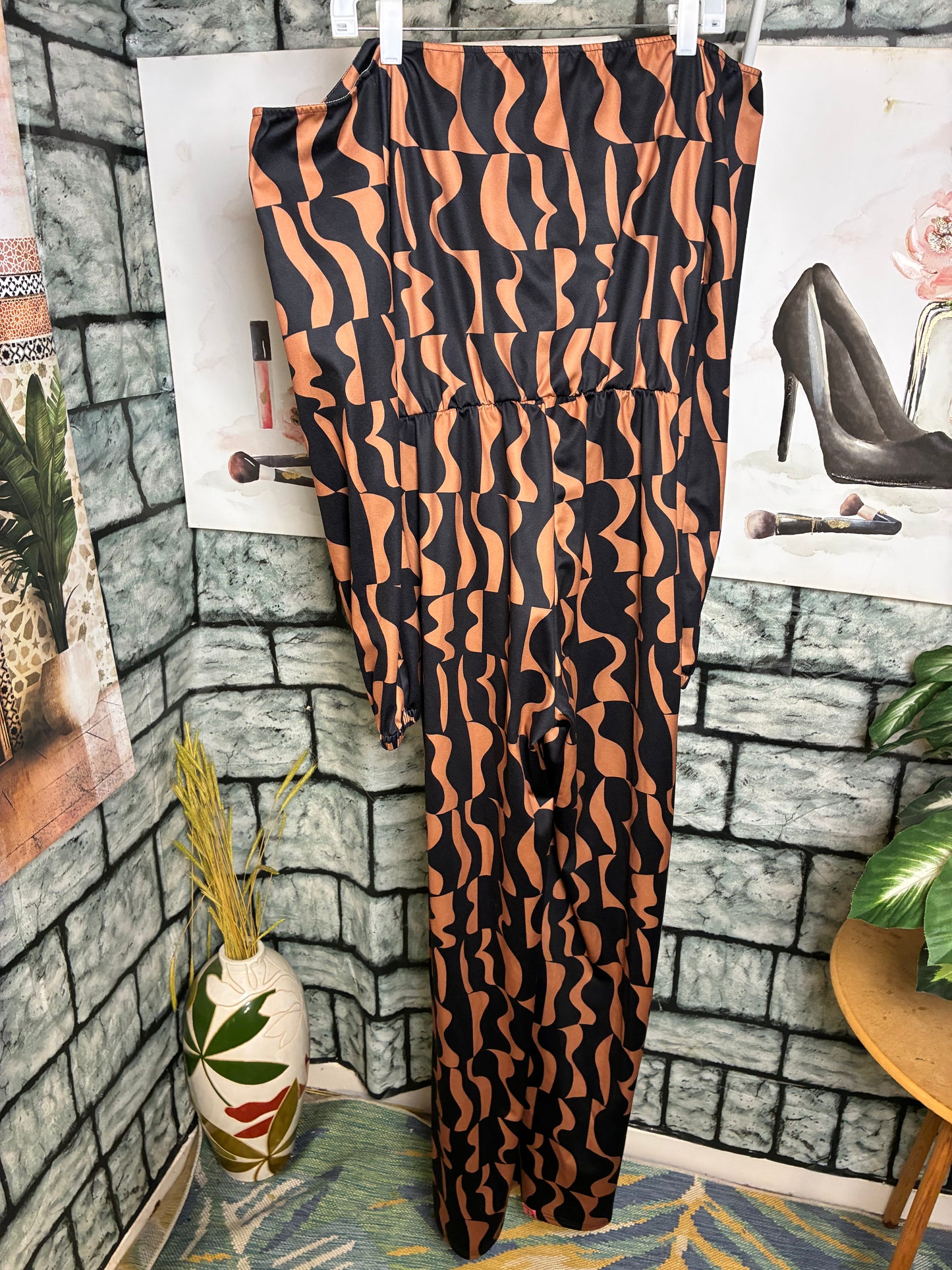 Brown Black Print Jumpsuit Women sz 2xl ((best fits XL)