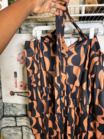 Brown Black Print Jumpsuit Women sz 2xl ((best fits XL)