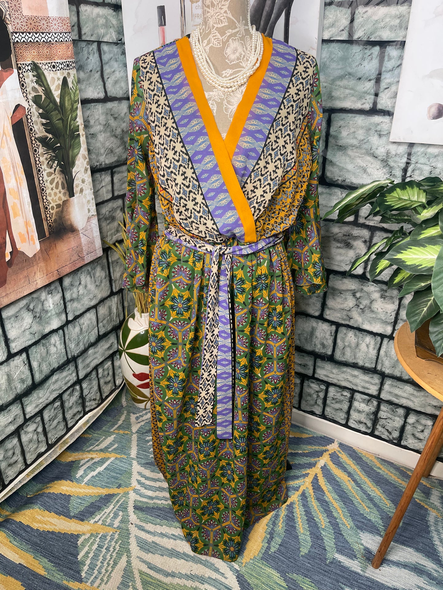 Dalin Green Yellow Print Dress Women sz Medium