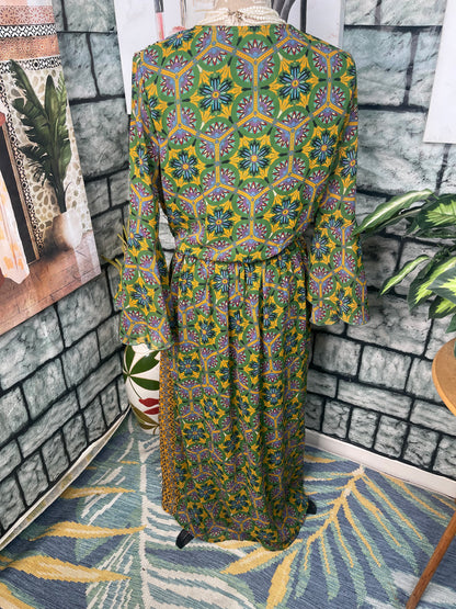 Dalin Green Yellow Print Dress Women sz Medium