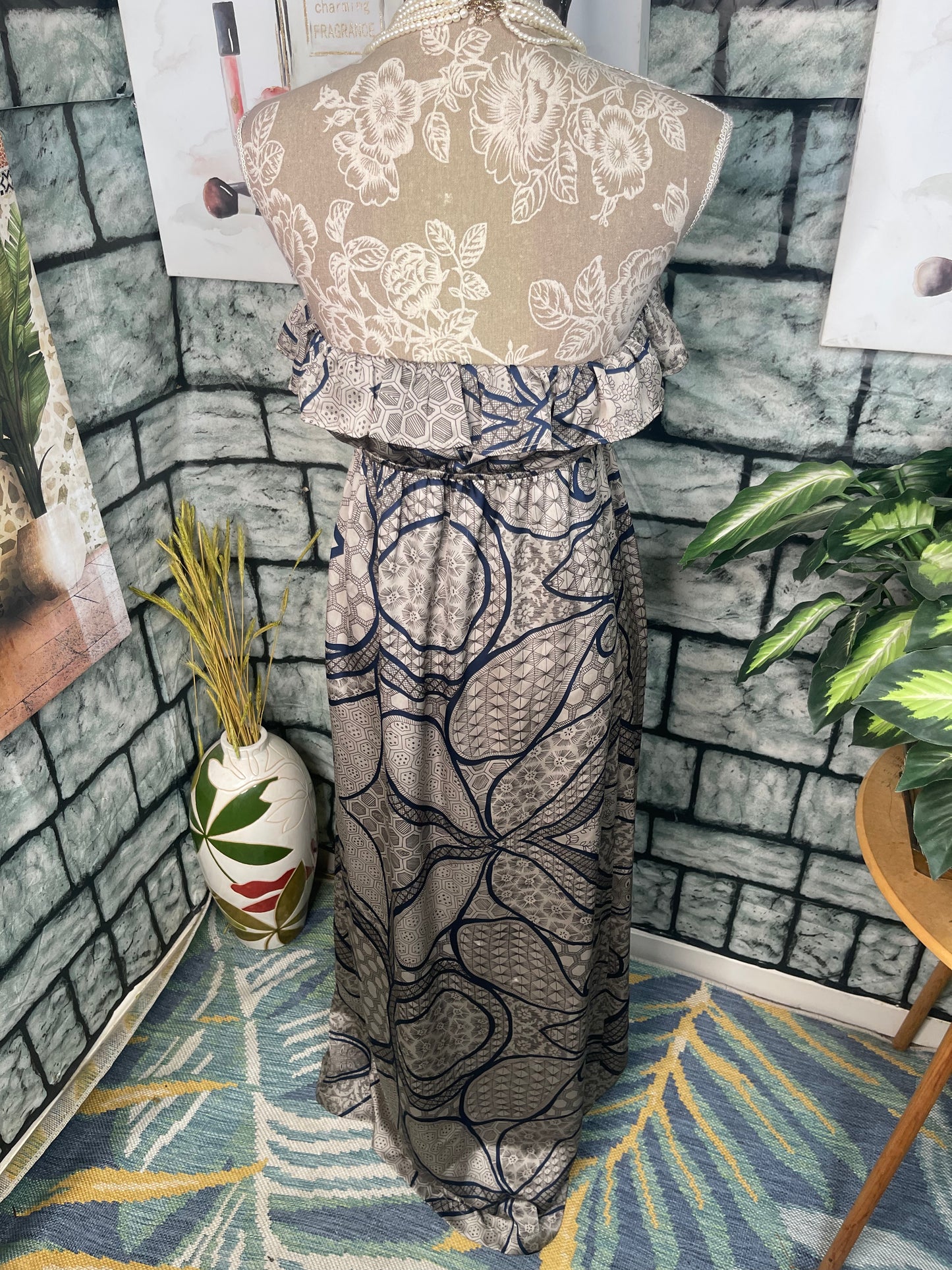 Collective Concepts Tan Blue Print Dress Women sz XS / Small