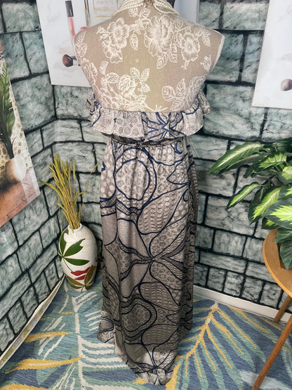 Collective Concepts Tan Blue Print Dress Women sz XS / Small