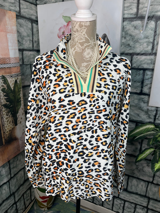 Tan Orange Animal Print Blouse Women sz Medium