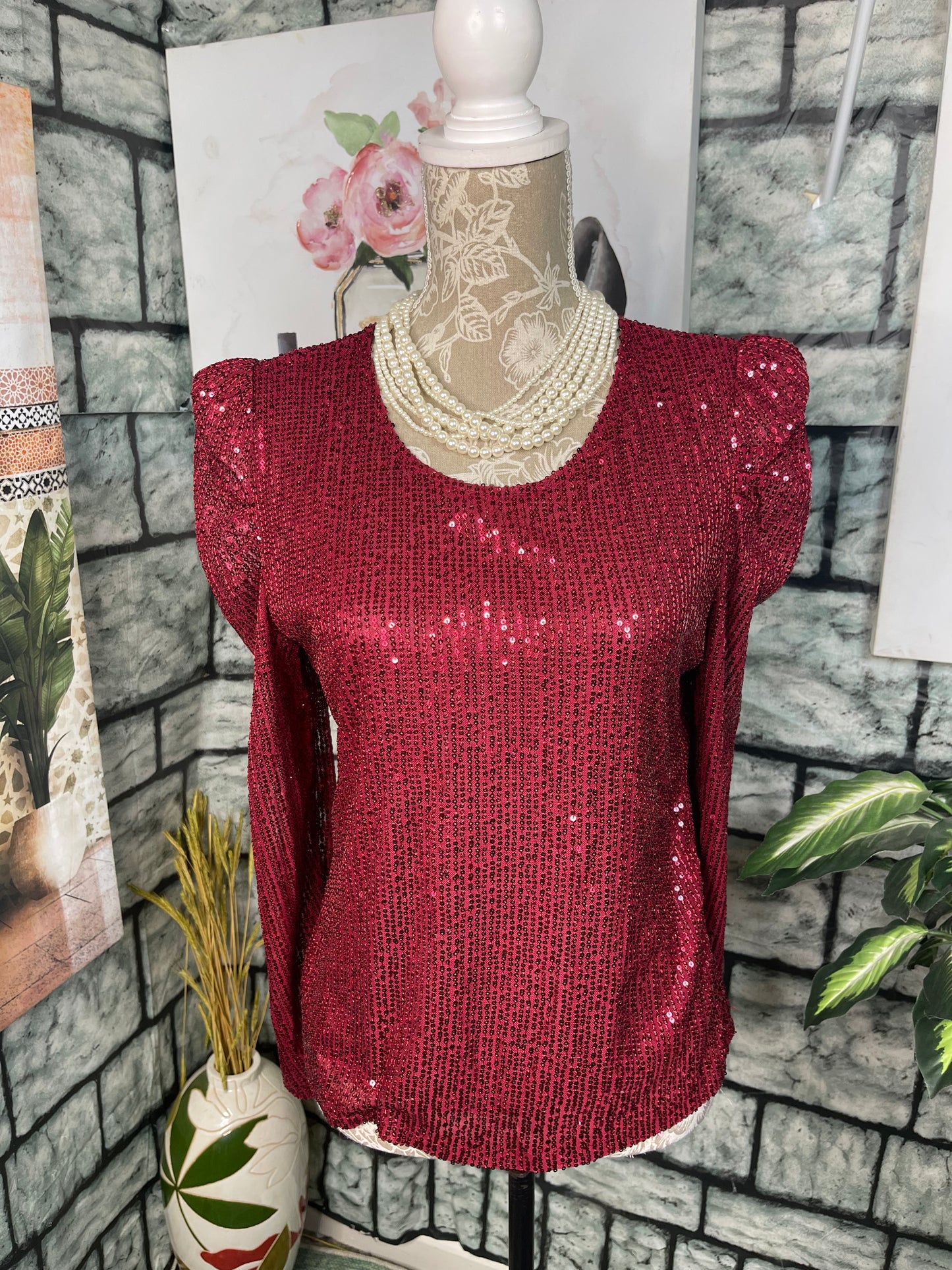 Kontrol Burgundy Sequin Blouse Women sz XL