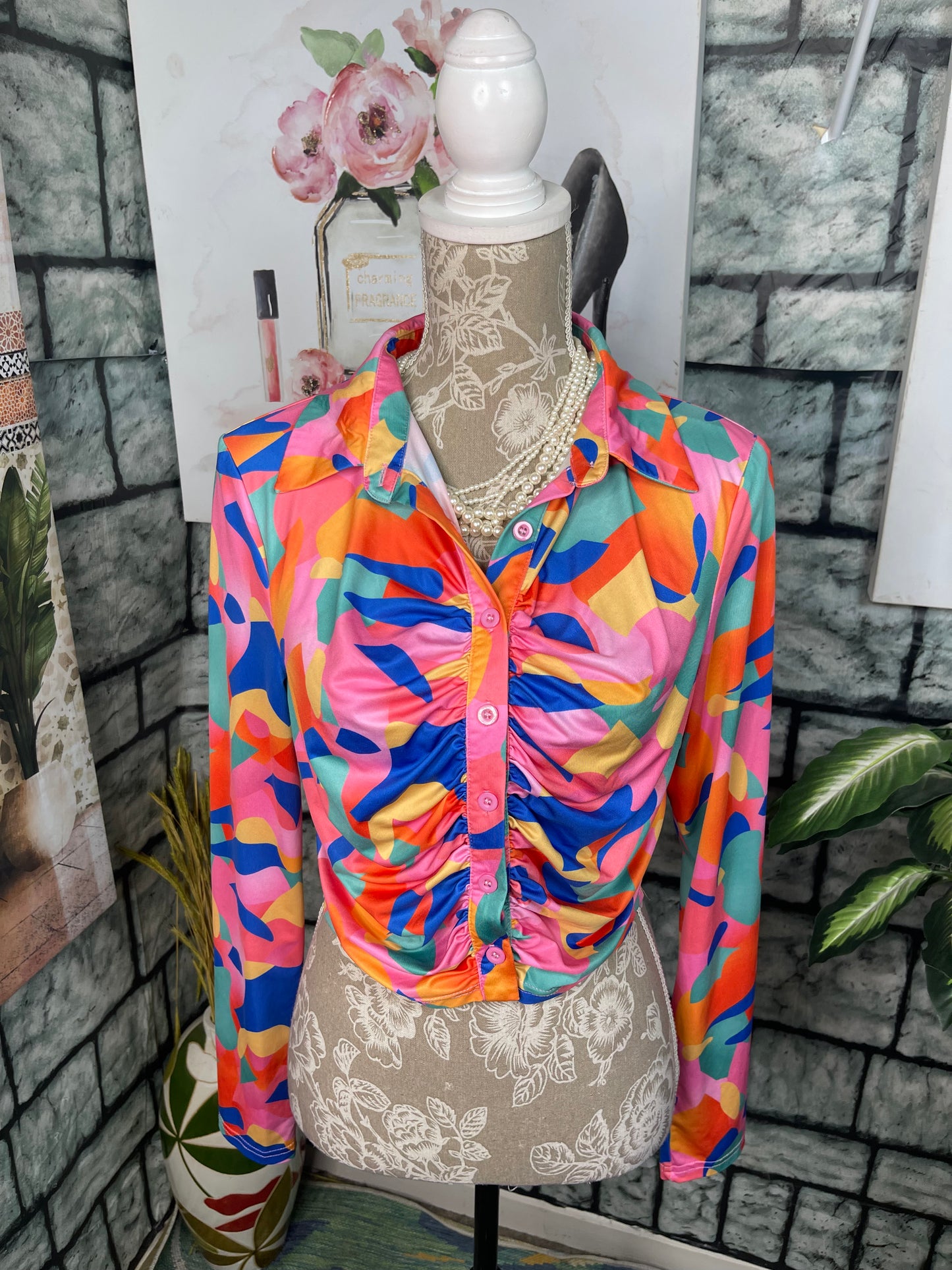 Shein Colorful Button Blouse Women sz XL