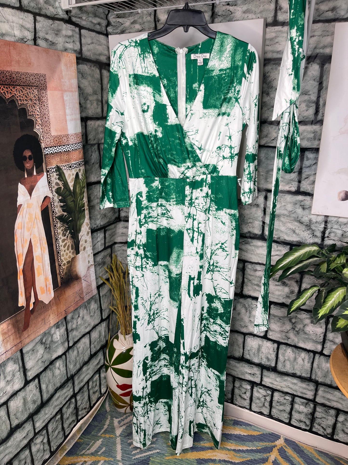 Dress Day Green White Jumpsuit Women sz Large