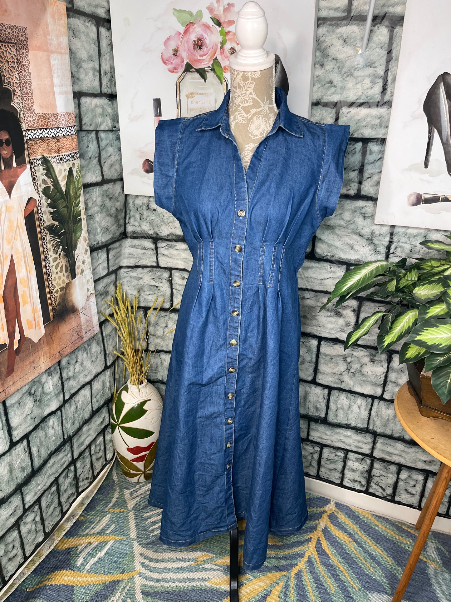Falling Flowers Blue Dress Women sz Medium