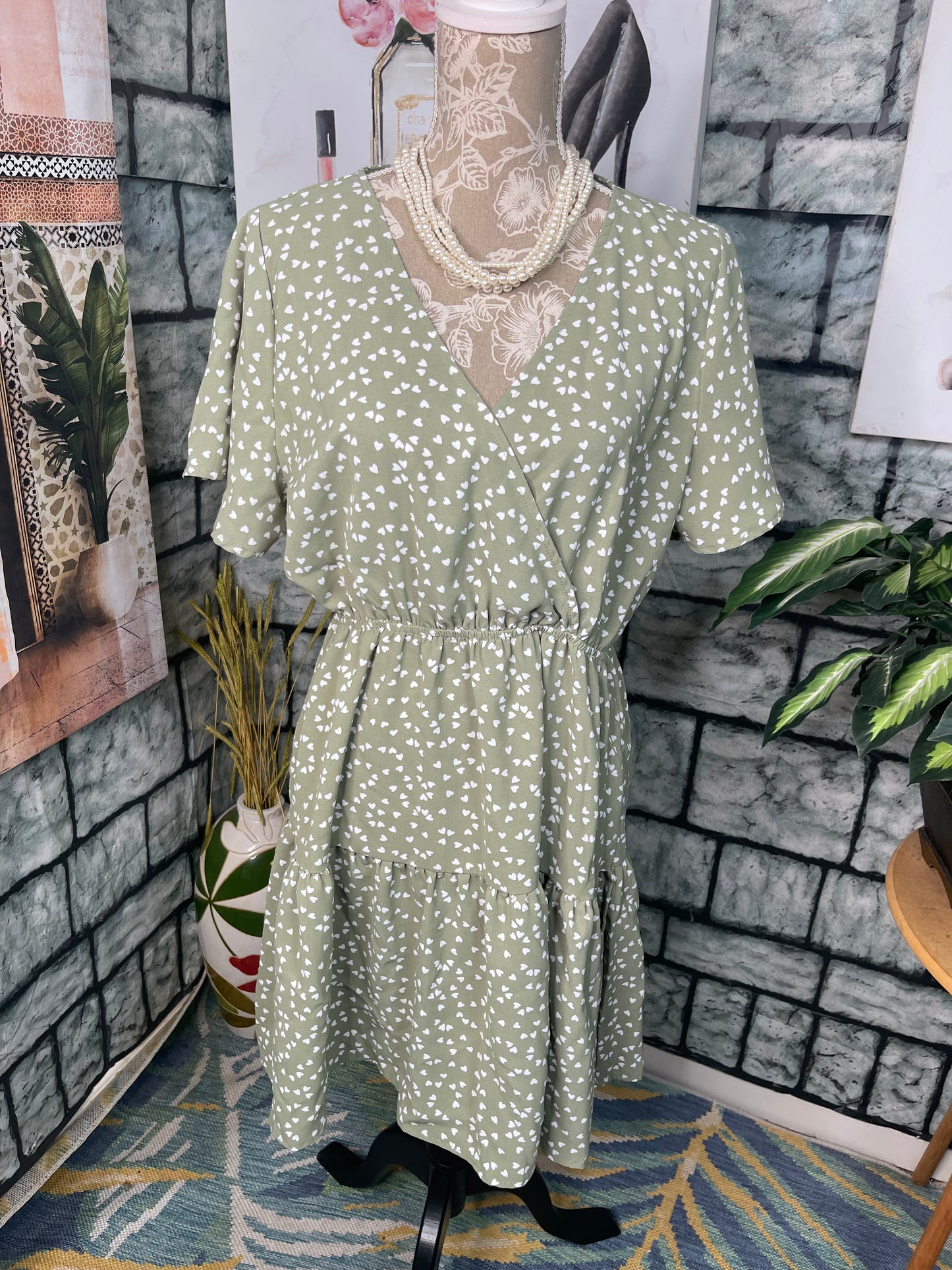 Shein Green White Heart Dress Women sz 0XL