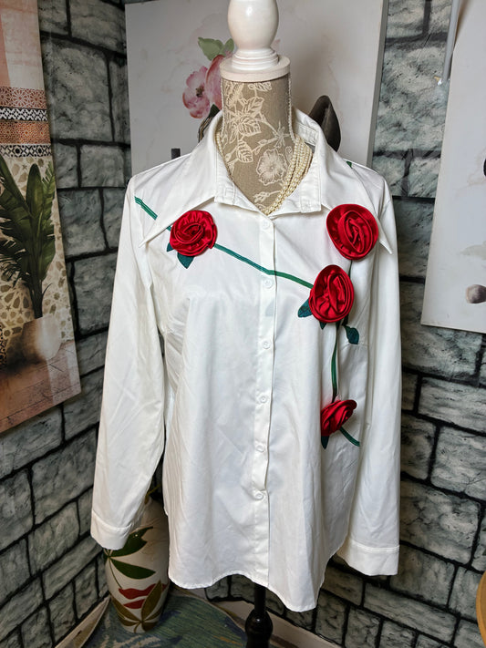 Shein White Rose Button Blouse Women sz 2XL (best fits XL)