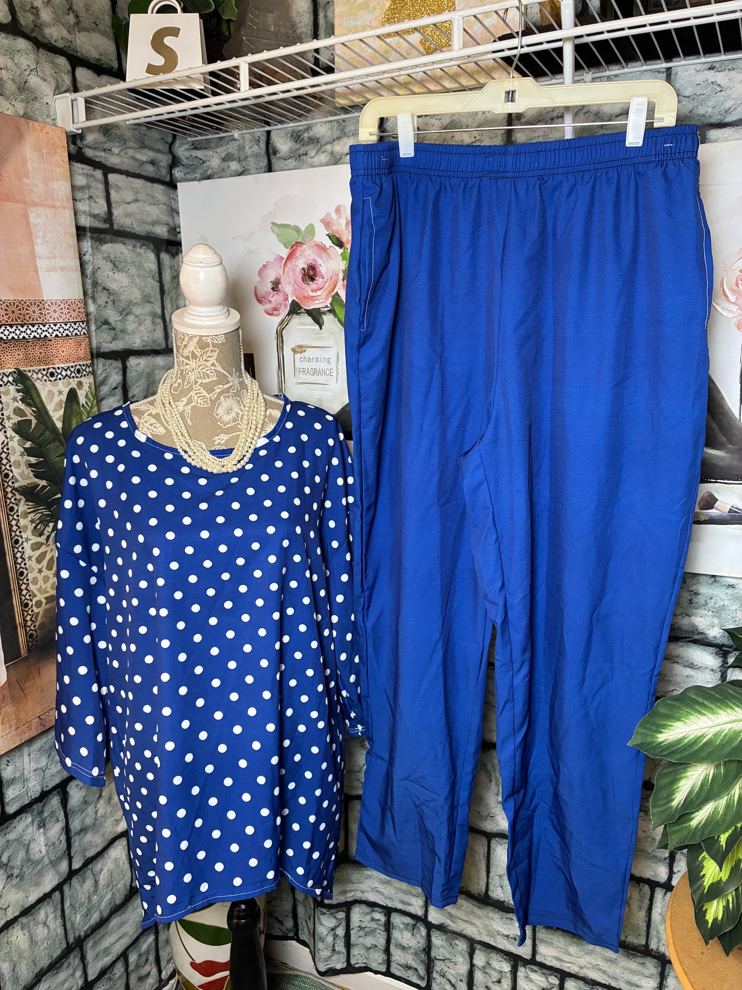 Blue White Polka Dot 2 Piece Pants Set Women sz 2XL
