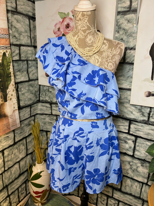 Shein Blue Floral 2 Piece Pants Set Women sz Large