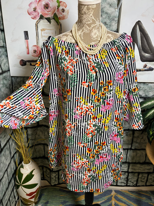 Black White Floral Print Dress Women sz Large