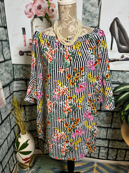 Black White Floral Print Dress Women sz Large