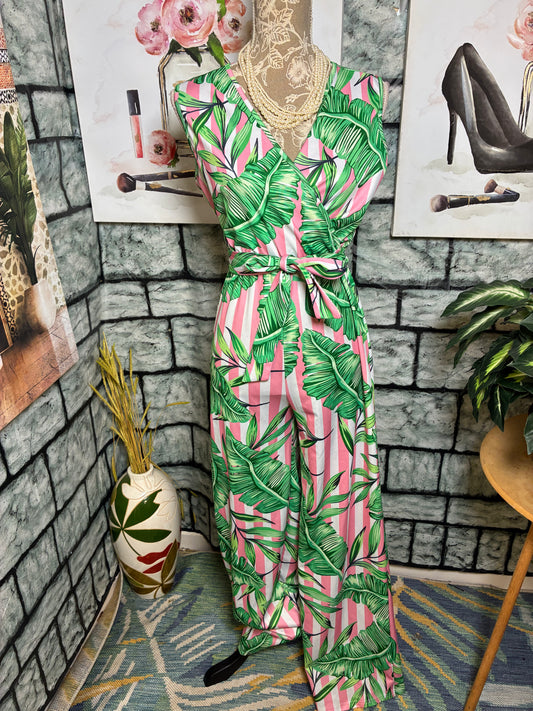 Pink Green floral jumpsuit Women sz Medium
