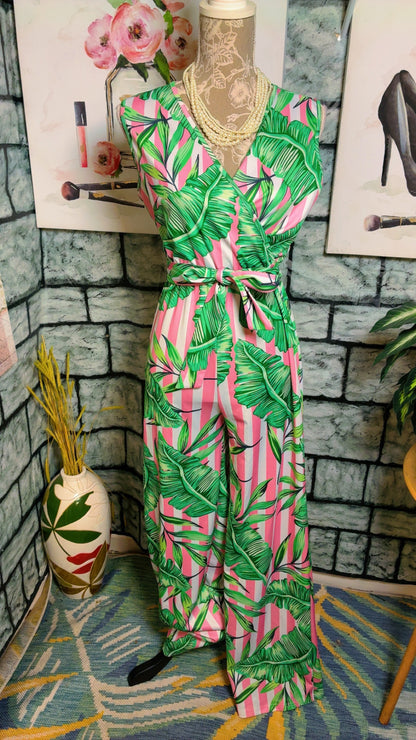 Pink Green floral jumpsuit Women sz Medium