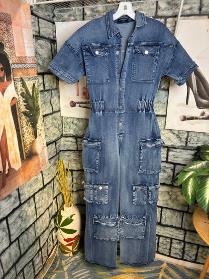 Athina Blue Denim Cargo Jumpsuit Women sz Small