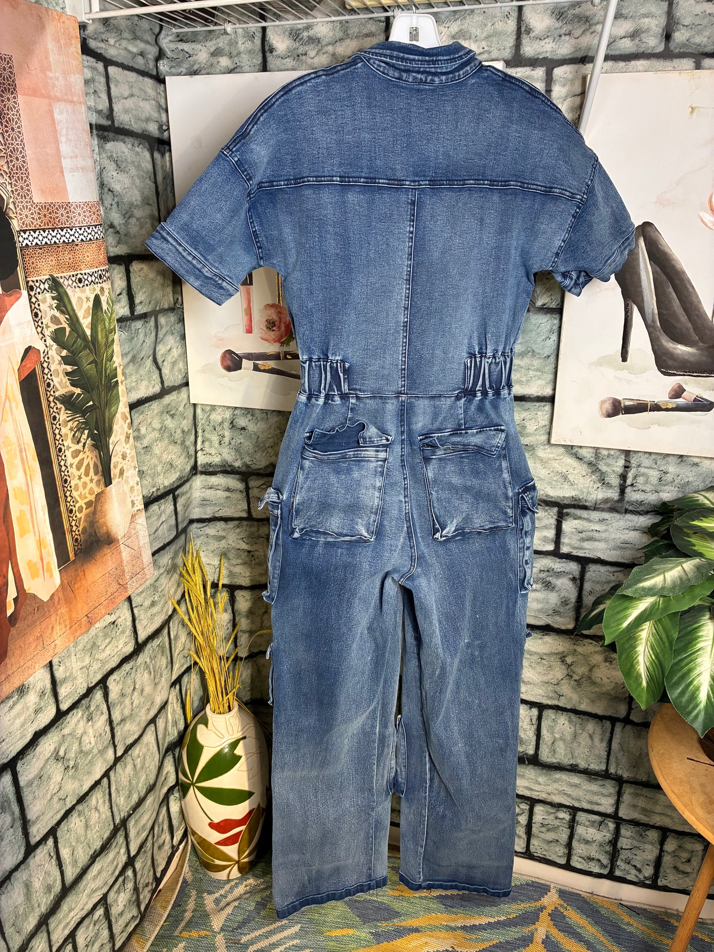 Athina Blue Denim Cargo Jumpsuit Women sz Small