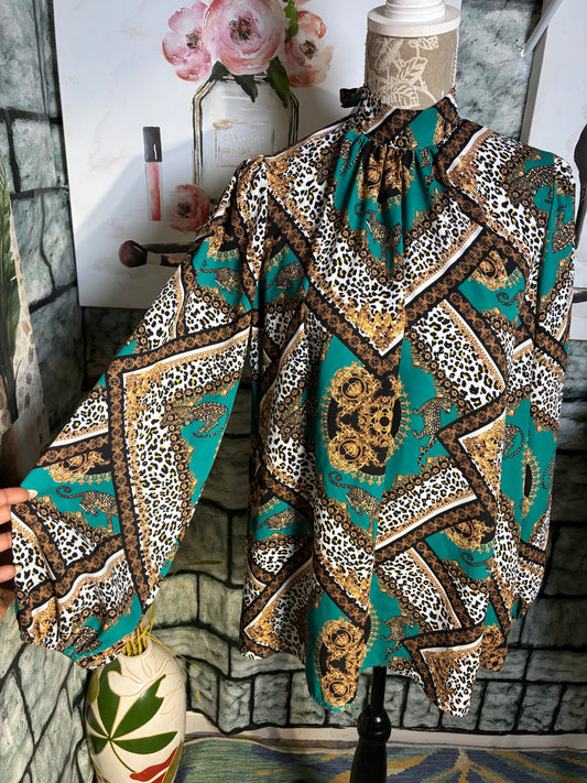 First Love Green Print Blouse Women sz Large