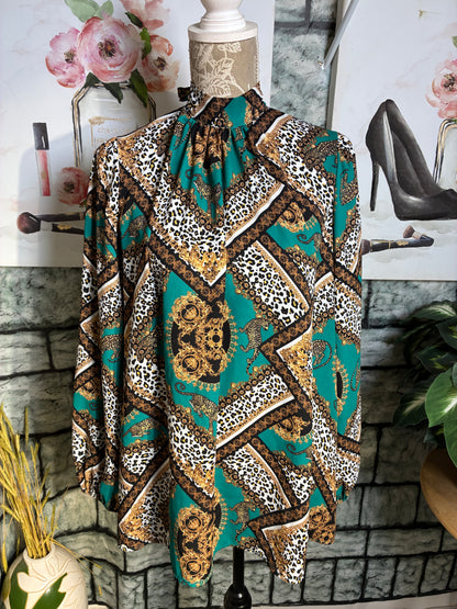 First Love Green Print Blouse Women sz Large