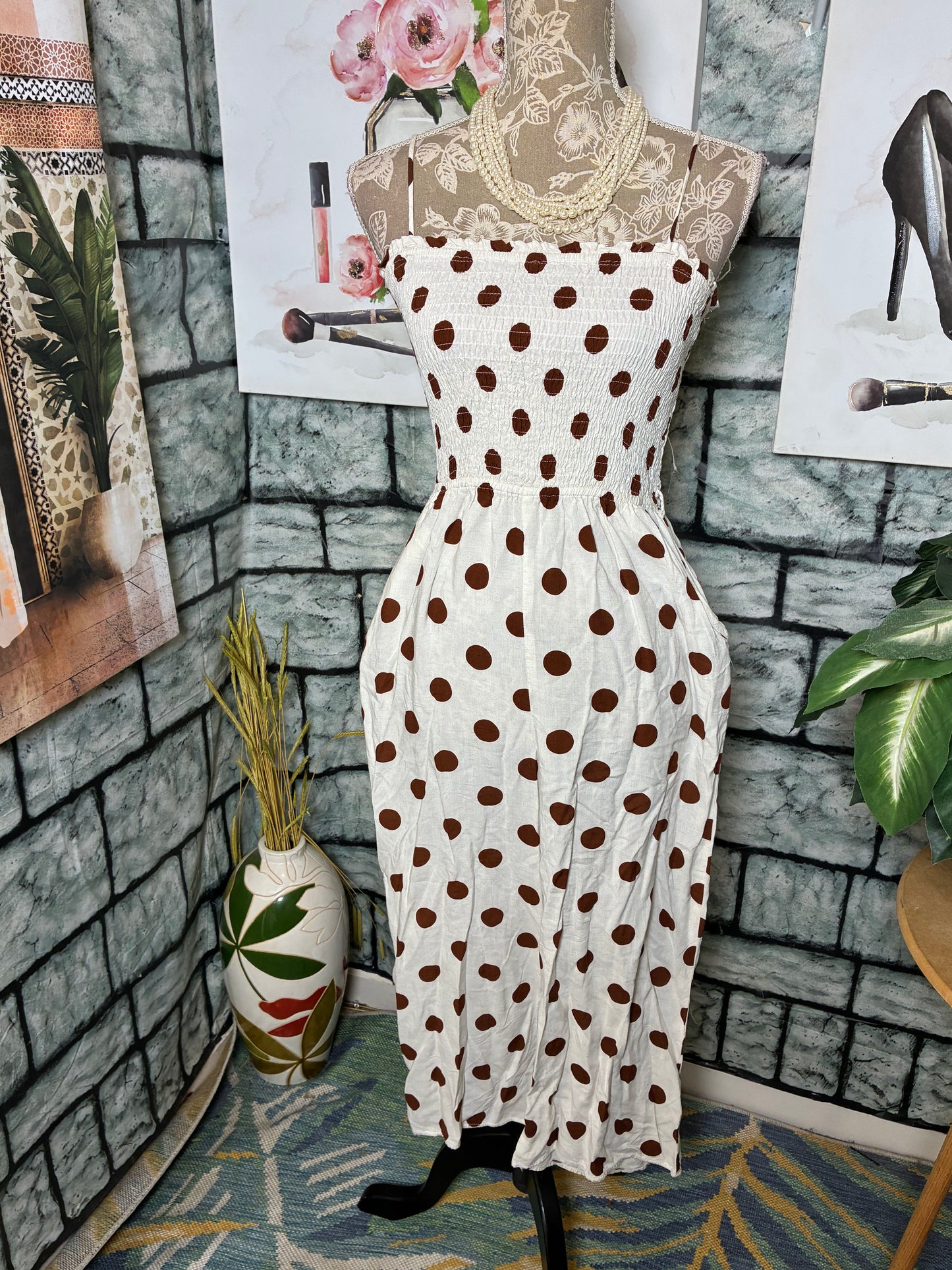 Monteau Tan Brown Polka Dot Jumpsuit Women sz Medium
