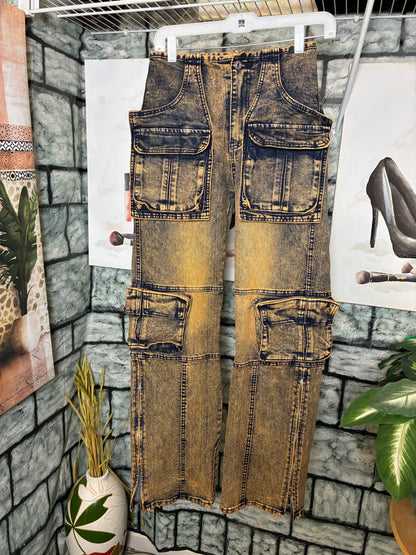 NEW Tan Blue Denim Cargo Pants Women sz Small