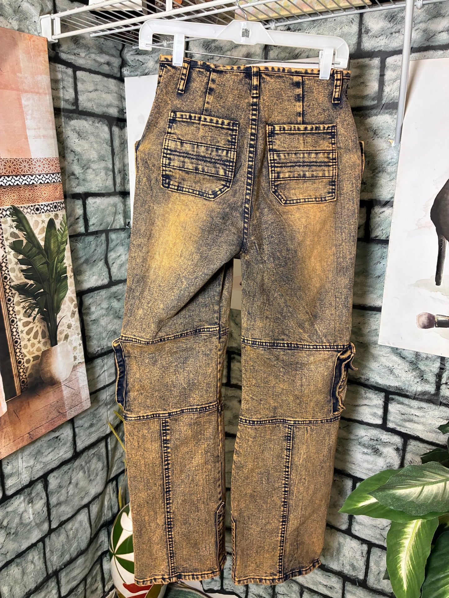 NEW Tan Blue Denim Cargo Pants Women sz Small