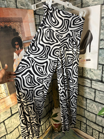 Black White Print Stretch Pants Women sz Medium